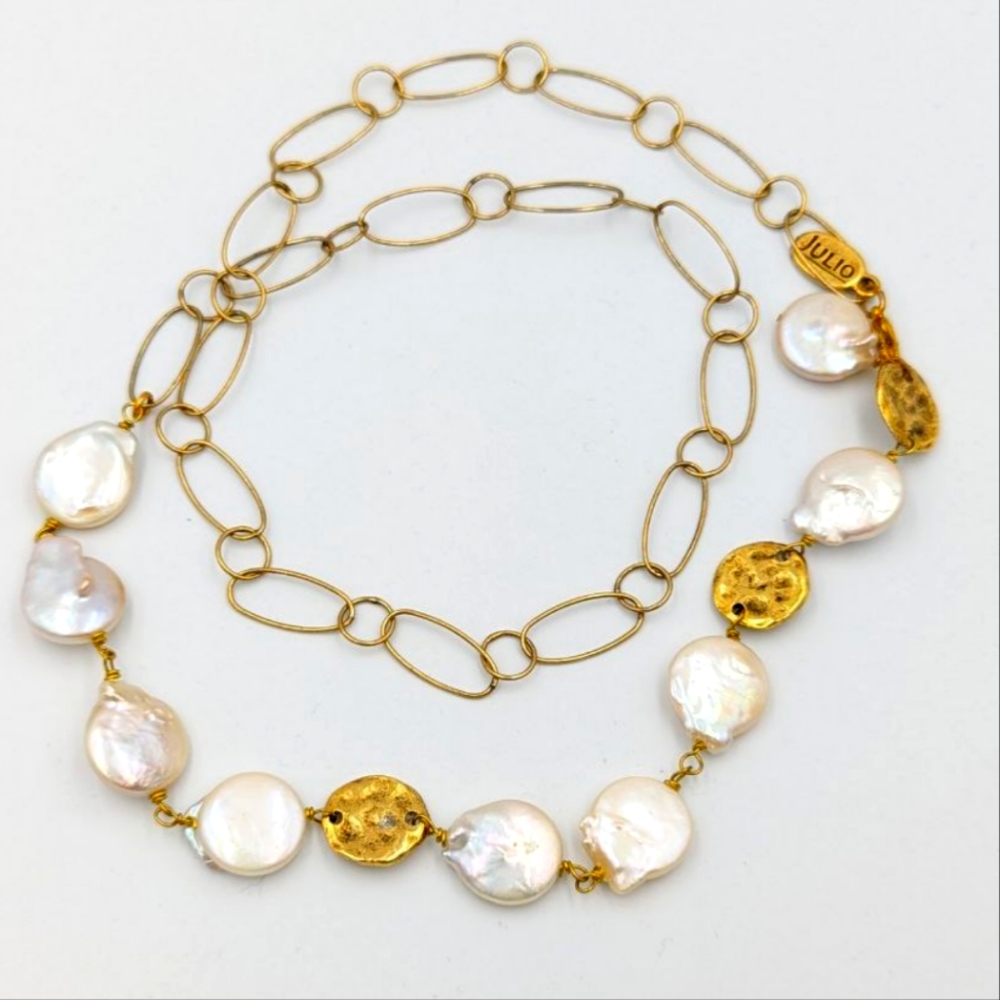 JULIO Coin Pearl Necklace Gold Tone Retired Freshwater Pearl 24 inch long Signed